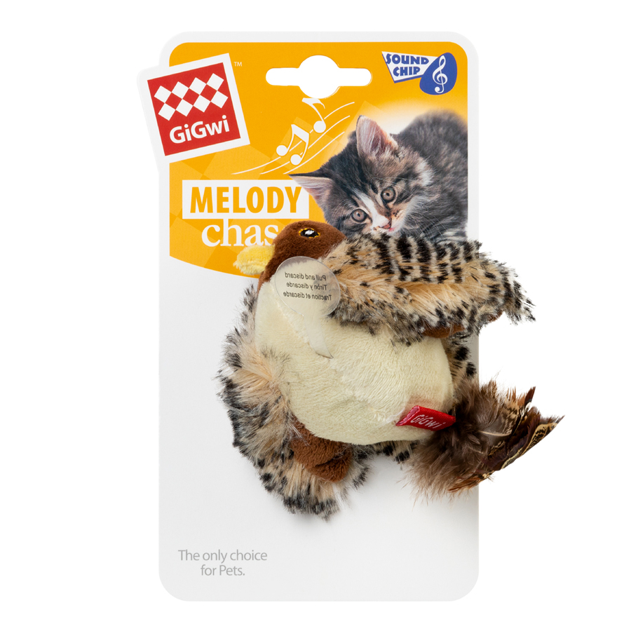 Іграшка для котів Пташка зі звуковим чипом GiGwi Melody chaser, штучне хутро, перо, 13 см