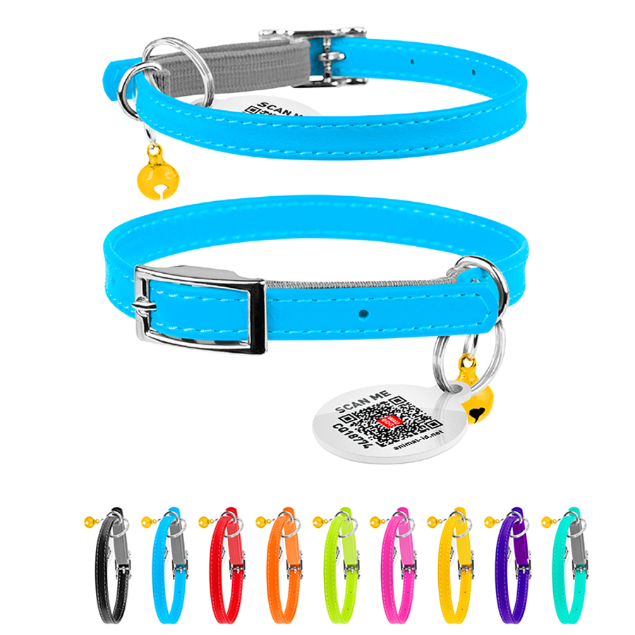 Нашийник для котів шкіряний WAUCAT Glamour з QR паспортом, без прикрас, XXS, Ш 9 мм, Дов 17-20 см блакитний