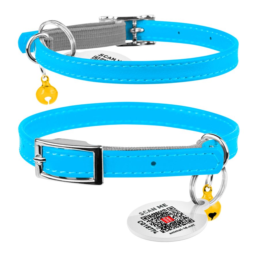 Нашийник для котів шкіряний WAUCAT Glamour з QR паспортом, без прикрас, XXS, Ш 9 мм, Дов 17-20 см блакитний