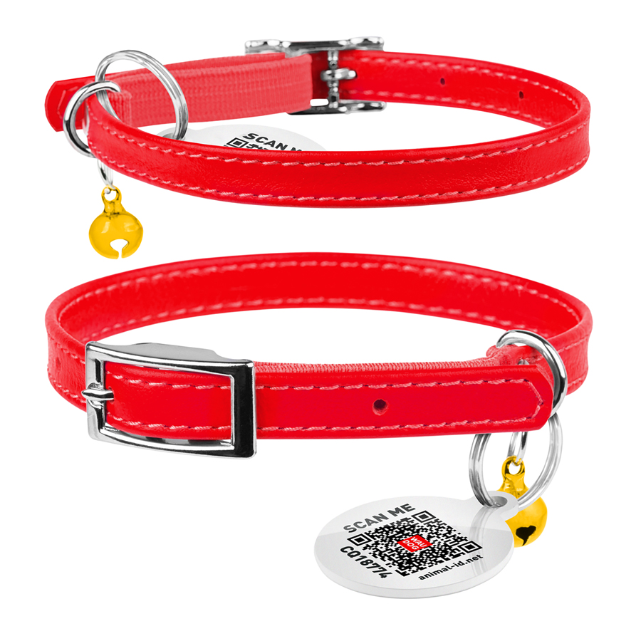 Нашийник для котів шкіряний WAUCAT Glamour з QR паспортом, без прикрас, XXS, Ш 9 мм, Дов 17-20 см червоний