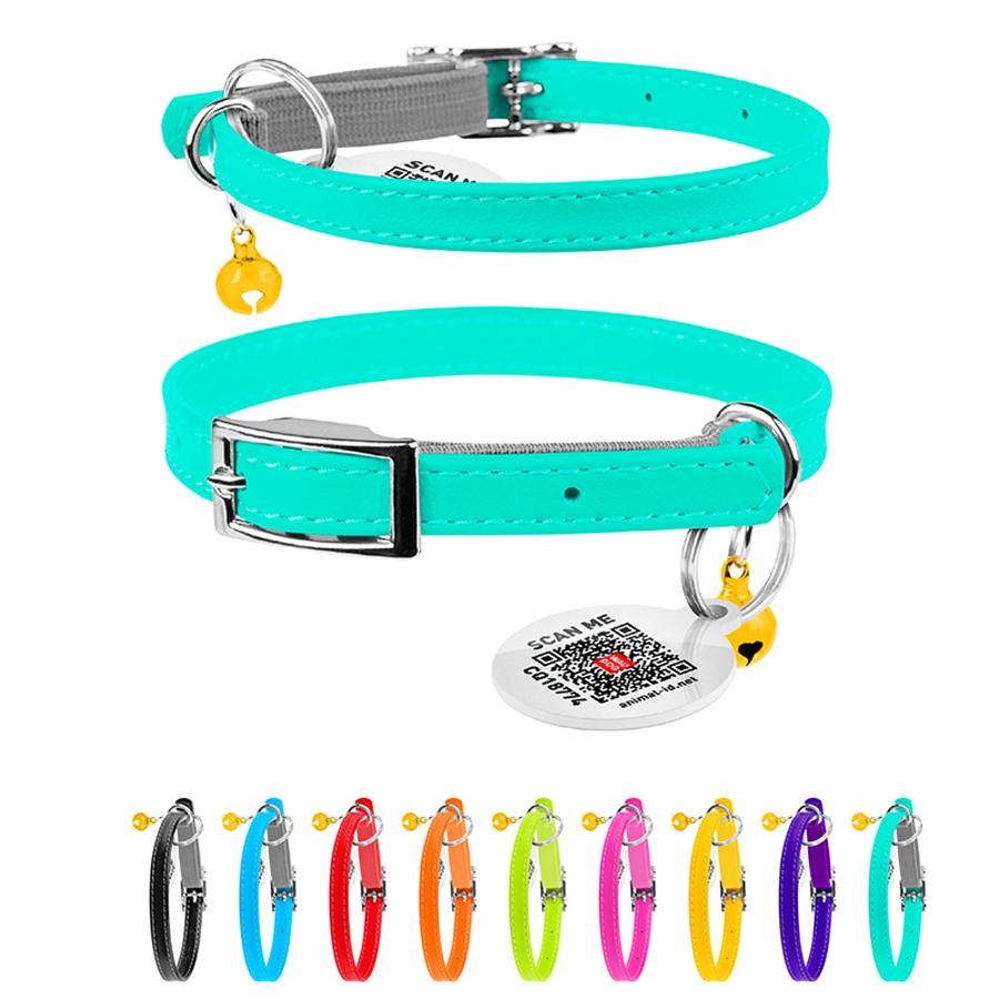 Нашийник для котів шкіряний WAUCAT Glamour з QR паспортом, без прикрас, XXS, Ш 9 мм, Дов 17-20 см ментоловий