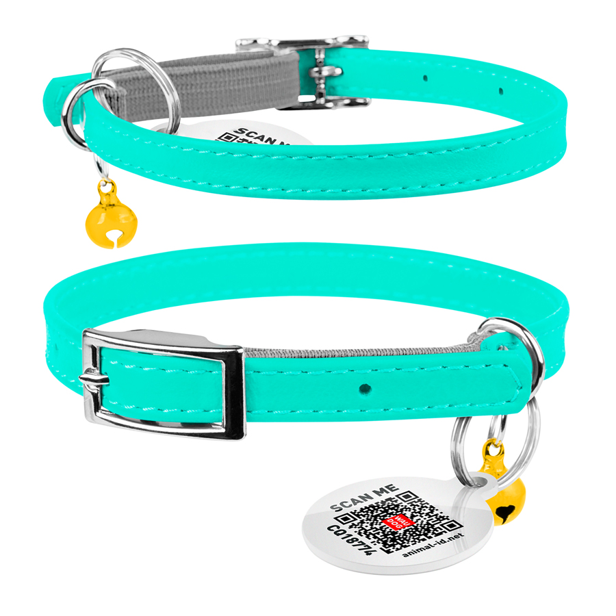 Нашийник для котів шкіряний WAUCAT Glamour з QR паспортом, без прикрас, XXS, Ш 9 мм, Дов 17-20 см ментоловий