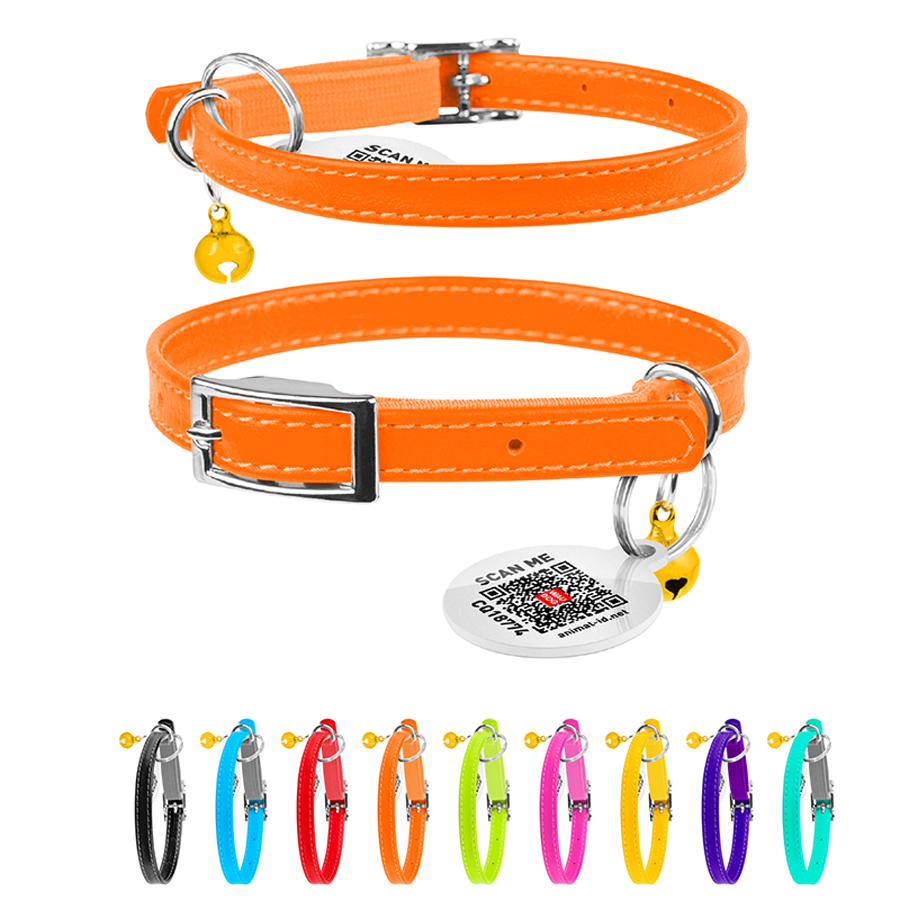 Нашийник для котів шкіряний WAUCAT Glamour з QR паспортом, без прикрас, XXS, Ш 9 мм, Дов 17-20 см помаранчевий