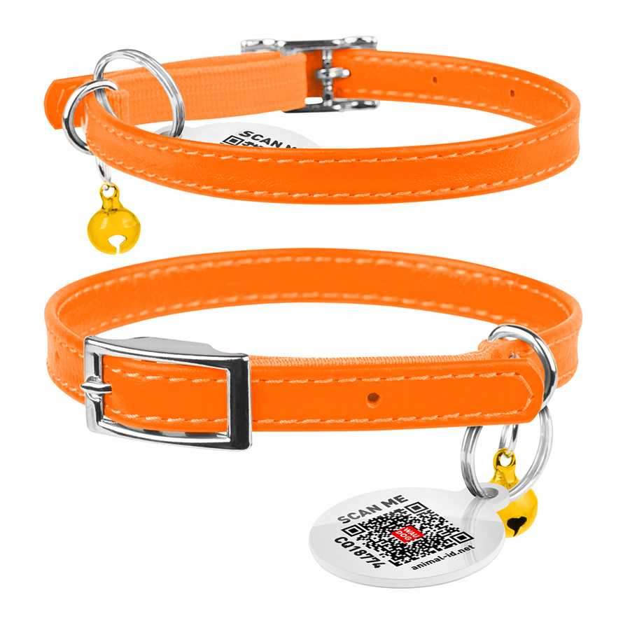 Нашийник для котів шкіряний WAUCAT Glamour з QR паспортом, без прикрас, XXS, Ш 9 мм, Дов 17-20 см помаранчевий