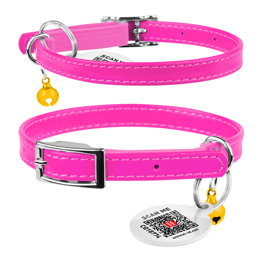 Нашийник для котів шкіряний WAUCAT Glamour з QR паспортом, без прикрас, XXS, Ш 9 мм, Дов 17-20 см рожевий