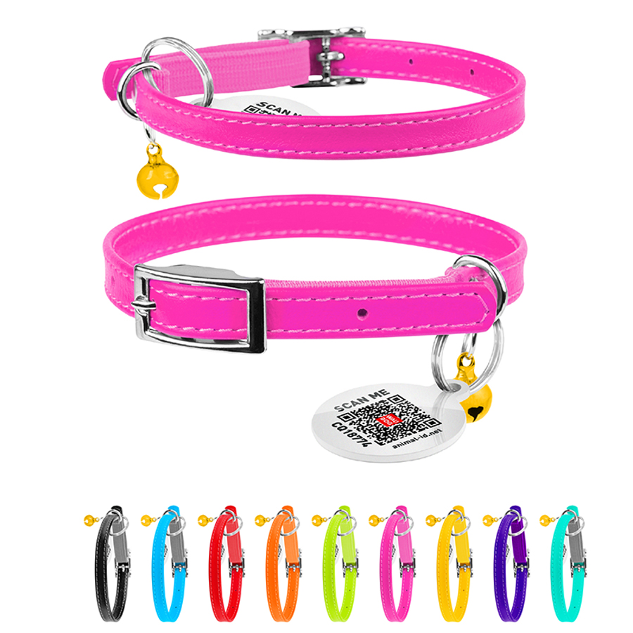 Нашийник для котів шкіряний WAUCAT Glamour з QR паспортом, без прикрас, XXS, Ш 9 мм, Дов 17-20 см рожевий