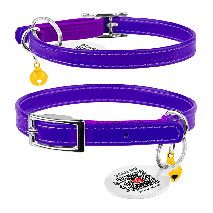 Нашийник для котів шкіряний WAUCAT Glamour з QR паспортом, без прикрас, XXS, Ш 9 мм, Дов 17-20 см фіолетовий