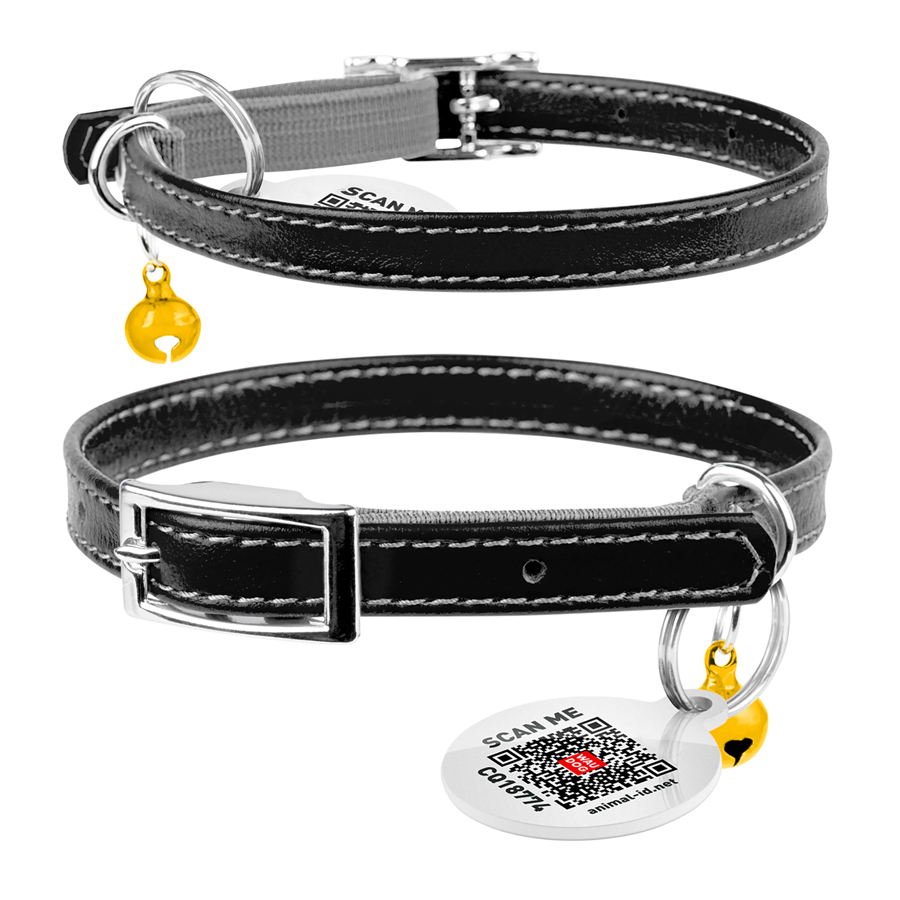 Нашийник для котів шкіряний WAUCAT Glamour з QR паспортом, без прикрас, XXS, Ш 9 мм, Дов 17-20 см чорний