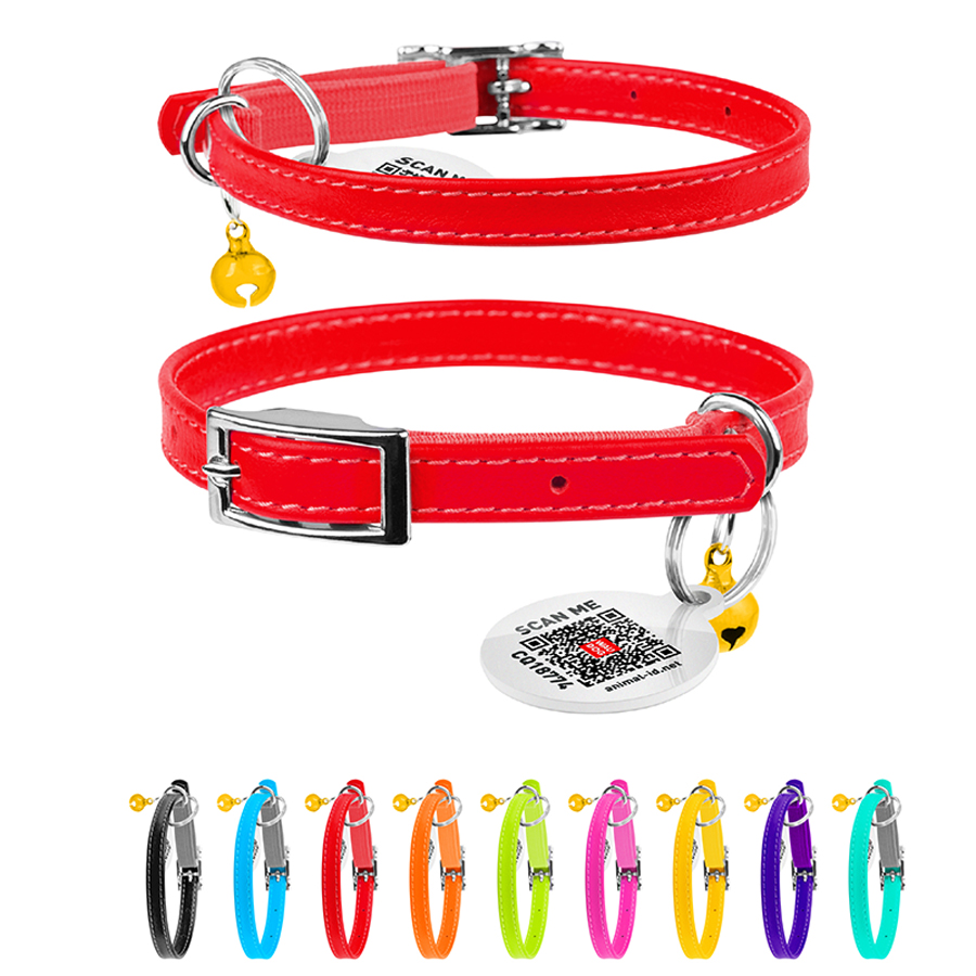 Нашийник для котів шкіряний WAUCAT Glamour з QR паспортом, без прикрас, XXS, Ш 9 мм, Дов 22-30 см червоний