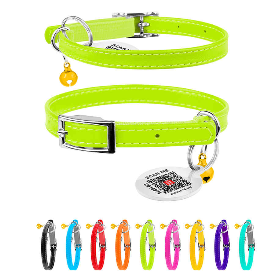 Нашийник для котів шкіряний WAUCAT Glamour з QR паспортом, без прикрас, XXS, Ш 9 мм, Дов 22-30 см салатовий