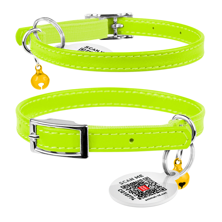 Нашийник для котів шкіряний WAUCAT Glamour з QR паспортом, без прикрас, XXS, Ш 9 мм, Дов 22-30 см салатовий