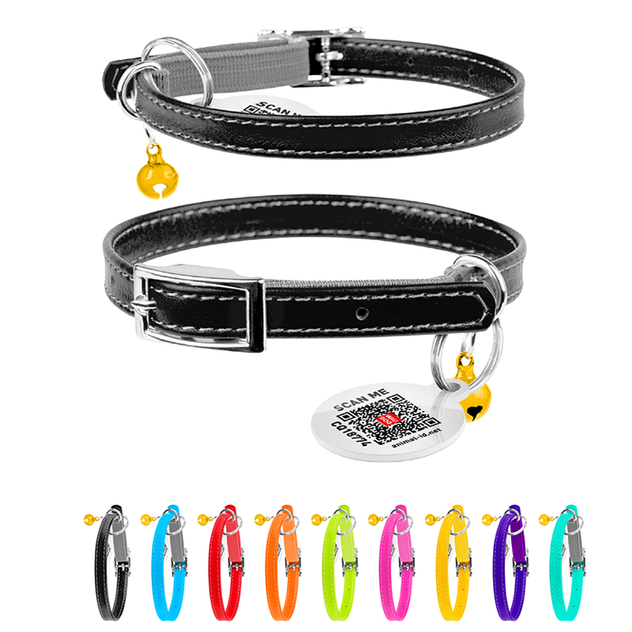 Нашийник для котів шкіряний WAUCAT Glamour з QR паспортом, без прикрас, XXS, Ш 9 мм, Дов 22-30 см чорний