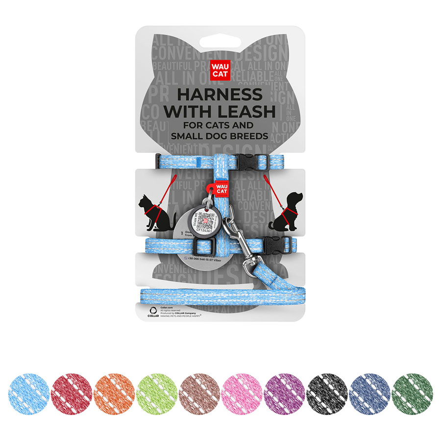 Шлея з повідцем для котів WAUDOG Re-cotton з QR паспортом, з відновленої бавовни, світловідбиваюча, пластиковий фастекс, XS, Ш 10 мм, Д 122 см, В 25-40 см, С 20-30 см блакитний