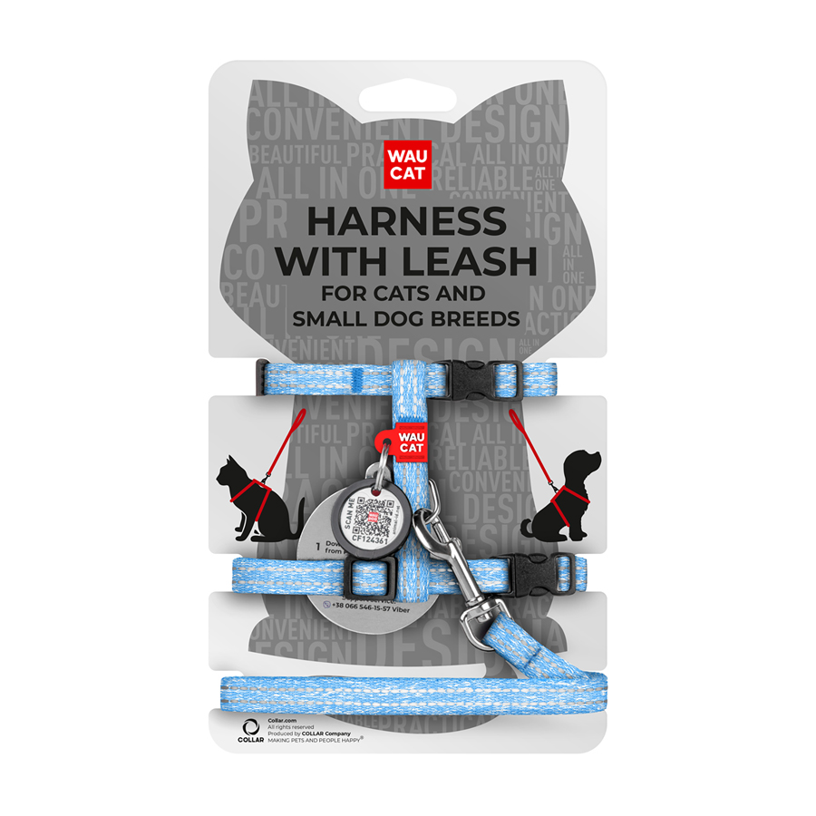 Шлея з повідцем для котів WAUCAT Re-cotton з QR паспортом, з відновленої бавовни, світловідбиваюча, пластиковий фастекс, XS, Ш 10 мм, Д 122 см, В 25-40 см, С 20-30 см блакитний