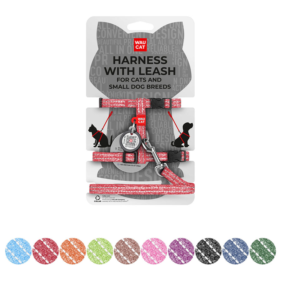 Шлея з повідцем для котів WAUCAT Re-cotton з QR паспортом, з відновленої бавовни, світловідбиваюча, пластиковий фастекс, XS, Ш 10 мм, Д 122 см, В 25-40 см, С 20-30 см червоний