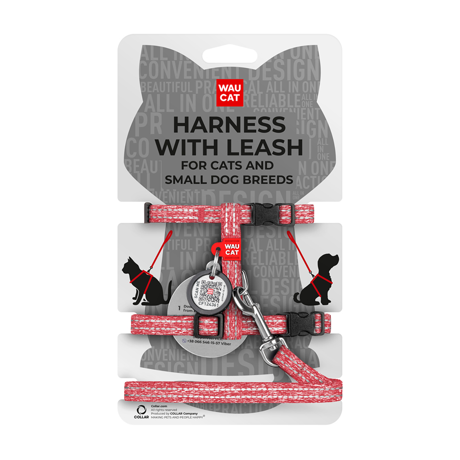 Шлея з повідцем для котів WAUCAT Re-cotton з QR паспортом, з відновленої бавовни, світловідбиваюча, пластиковий фастекс, XS, Ш 10 мм, Д 122 см, В 25-40 см, С 20-30 см червоний