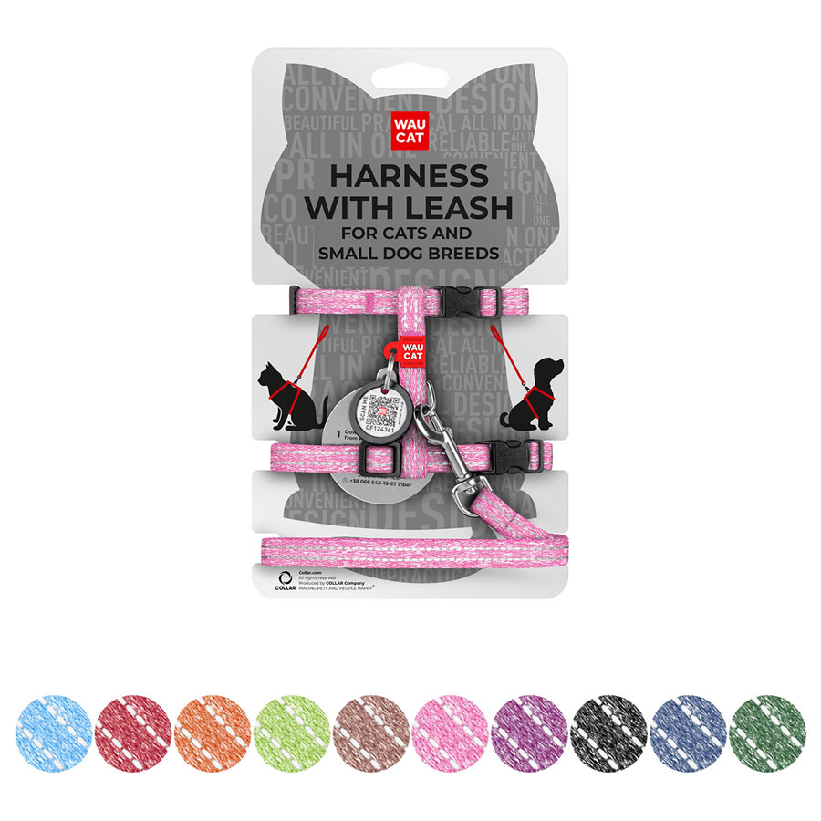 Шлея з повідцем для котів WAUCAT Re-cotton з QR паспортом, з відновленої бавовни, світловідбиваюча, пластиковий фастекс, XS, Ш 10 мм, Д 122 см, В 25-40 см, С 20-30 см рожевий