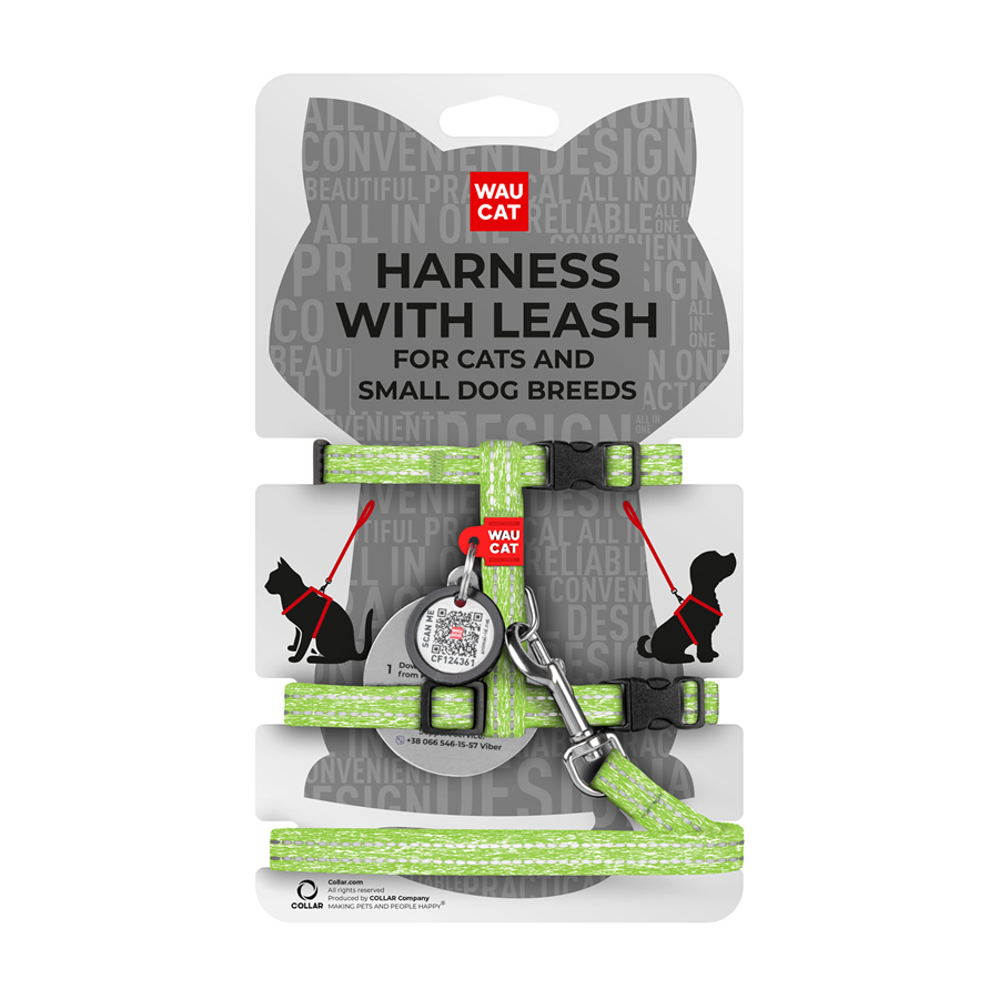 Шлея з повідцем для котів WAUCAT Re-cotton з QR паспортом, з відновленої бавовни, світловідбиваюча, пластиковий фастекс, XS, Ш 10 мм, Д 122 см, В 25-40 см, С 20-30 см салатовий