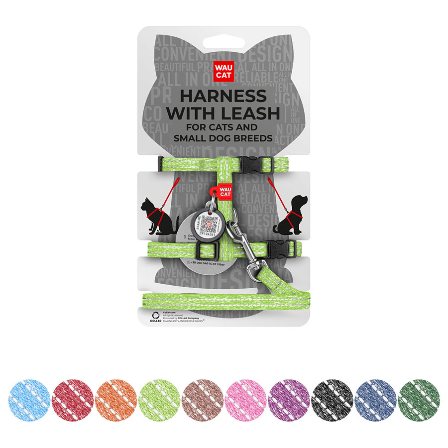 Шлея з повідцем для котів WAUCAT Re-cotton з QR паспортом, з відновленої бавовни, світловідбиваюча, пластиковий фастекс, XS, Ш 10 мм, Д 122 см, В 25-40 см, С 20-30 см салатовий