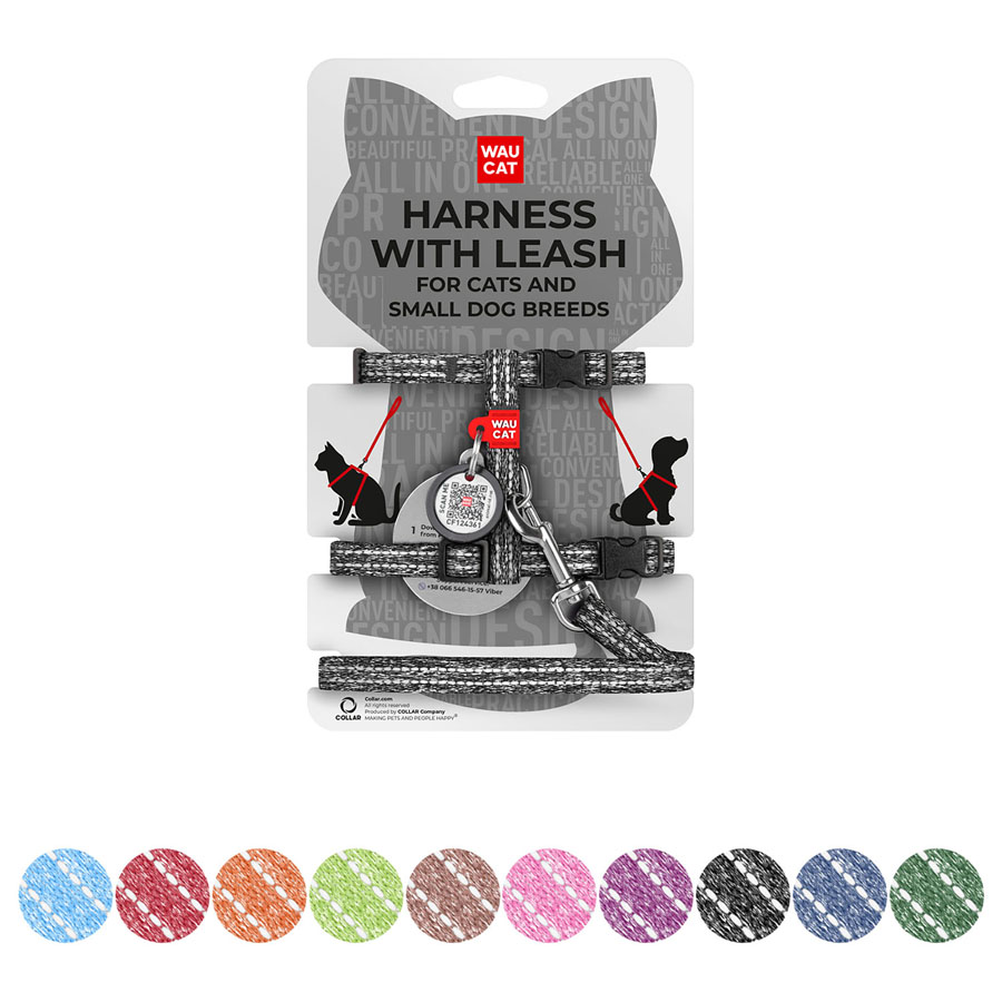 Шлея з повідцем WAUDOG Re-cotton з QR паспортом, з відновленої бавовни, світловідбиваюча, пластиковий фастекс, XS, Ш 10 мм, Д 122 см, В 25-40 см, С 20-30 см сірий