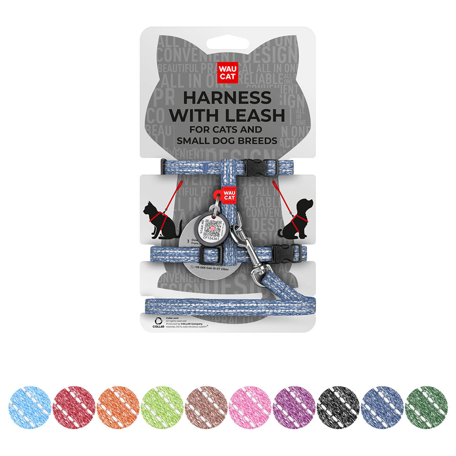 Шлея з повідцем для котів WAUCAT Re-cotton з QR паспортом, з відновленої бавовни, світловідбиваюча, пластиковий фастекс, XS, Ш 10 мм, Д 122 см, В 25-40 см, С 20-30 см синій