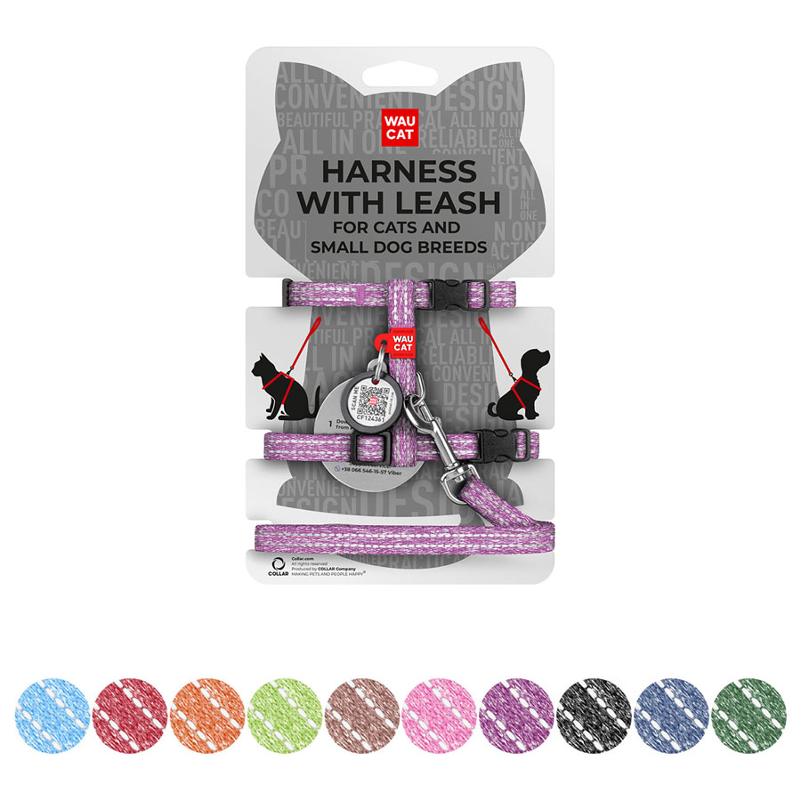 Шлея з повідцем для котів WAUCAT Re-cotton з QR паспортом, з відновленої бавовни, світловідбиваюча, пластиковий фастекс, XS, Ш 10 мм, Д 122 см, В 25-40 см, С 20-30 см фіолетовий