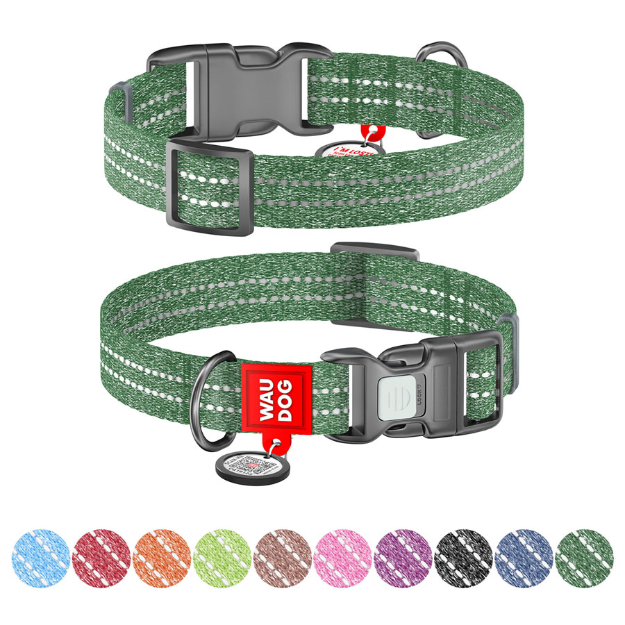 Нашийник WAUDOG Re-cotton з QR паспортом, відновлена бавовна, пластикова пряжка (ширина 20 мм, довжина 28-40 см), зелений