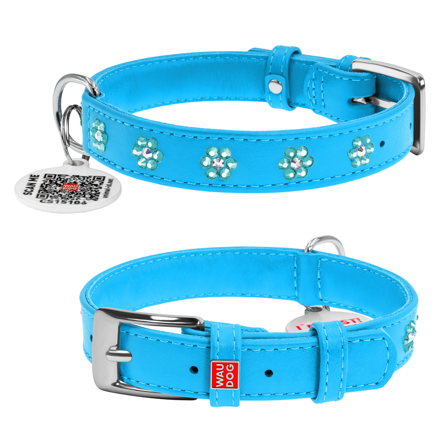 Нашийник для собак шкіряний WAUDOG Glamour з QR паспортом, з клейовими стразами 