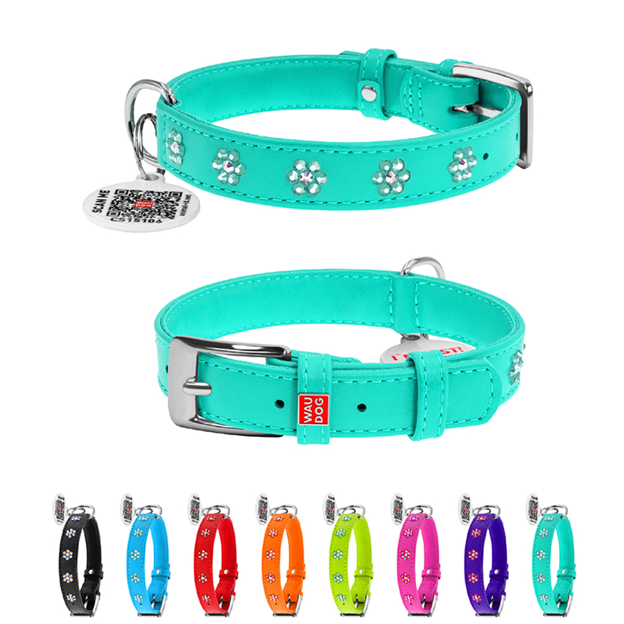 Нашийник для собак шкіряний WAUDOG Glamour з QR паспортом, з клейовими стразами 