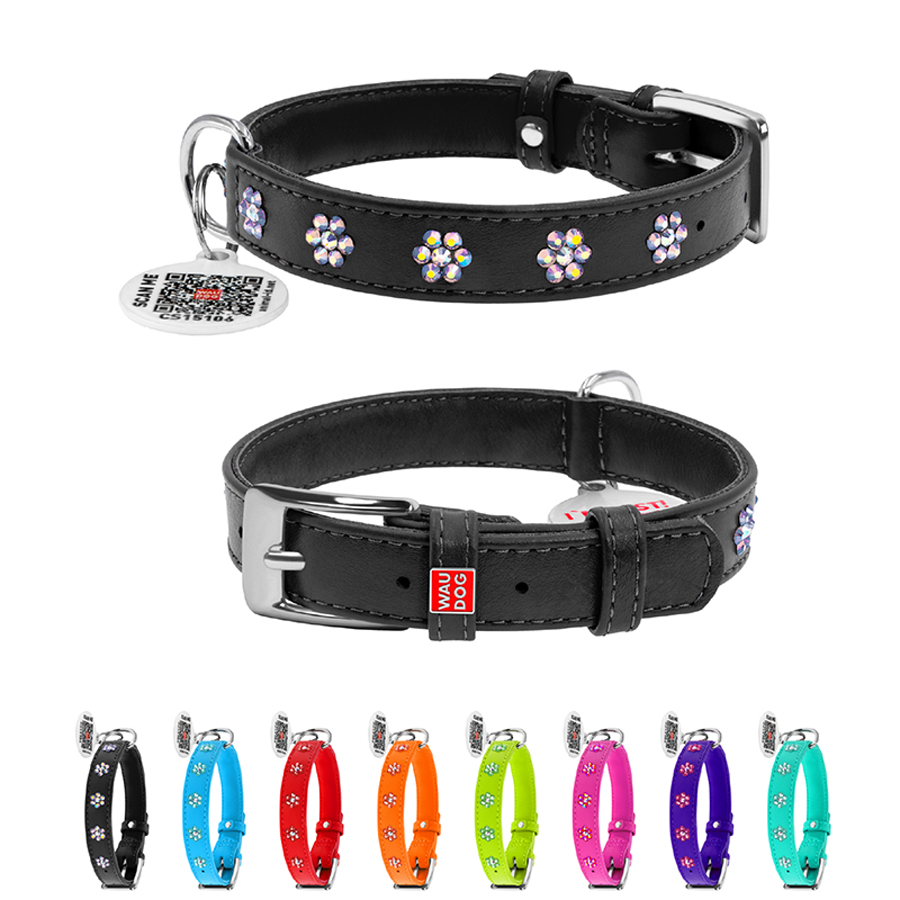 Нашийник для собак шкіряний WAUDOG Glamour з QR паспортом, з клейовими стразами 