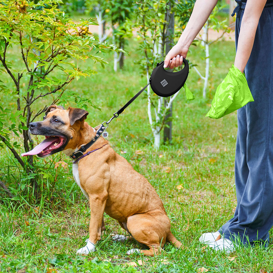 Повідець-рулетка для собак WAUDOG R-leash з контейнером для пакетів, світловідбивна стрічка, L, до 40 кг, 5 м, чорний