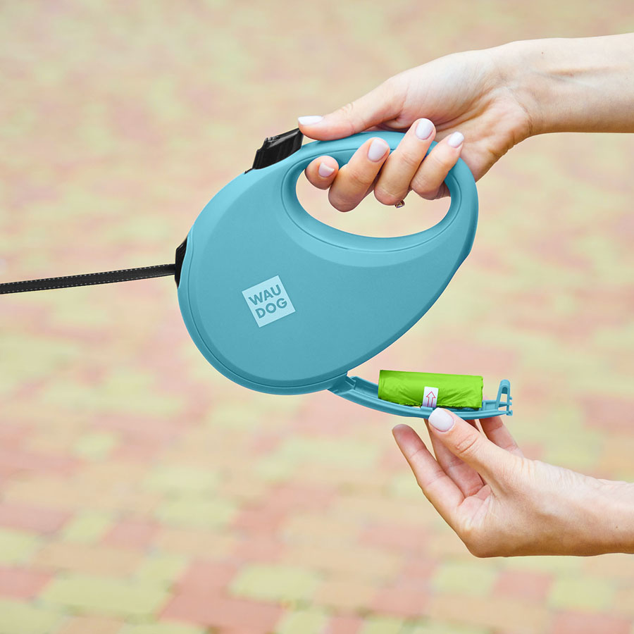 Повідець-рулетка для собак WAUDOG R-leash з контейнером для пакетів, світловідбивна стрічка, L, до 40 кг, 5 м, блакитний