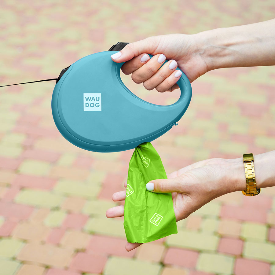 Повідець-рулетка для собак WAUDOG R-leash з контейнером для пакетів, світловідбивна стрічка, L, до 40 кг, 5 м, блакитний