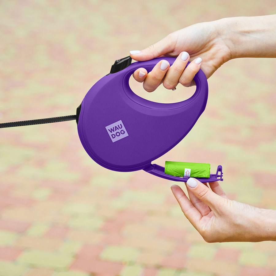 Повідець-рулетка для собак WAUDOG R-leash з контейнером для пакетів, світловідбивна стрічка, L, до 40 кг, 5 м, фіолетовий