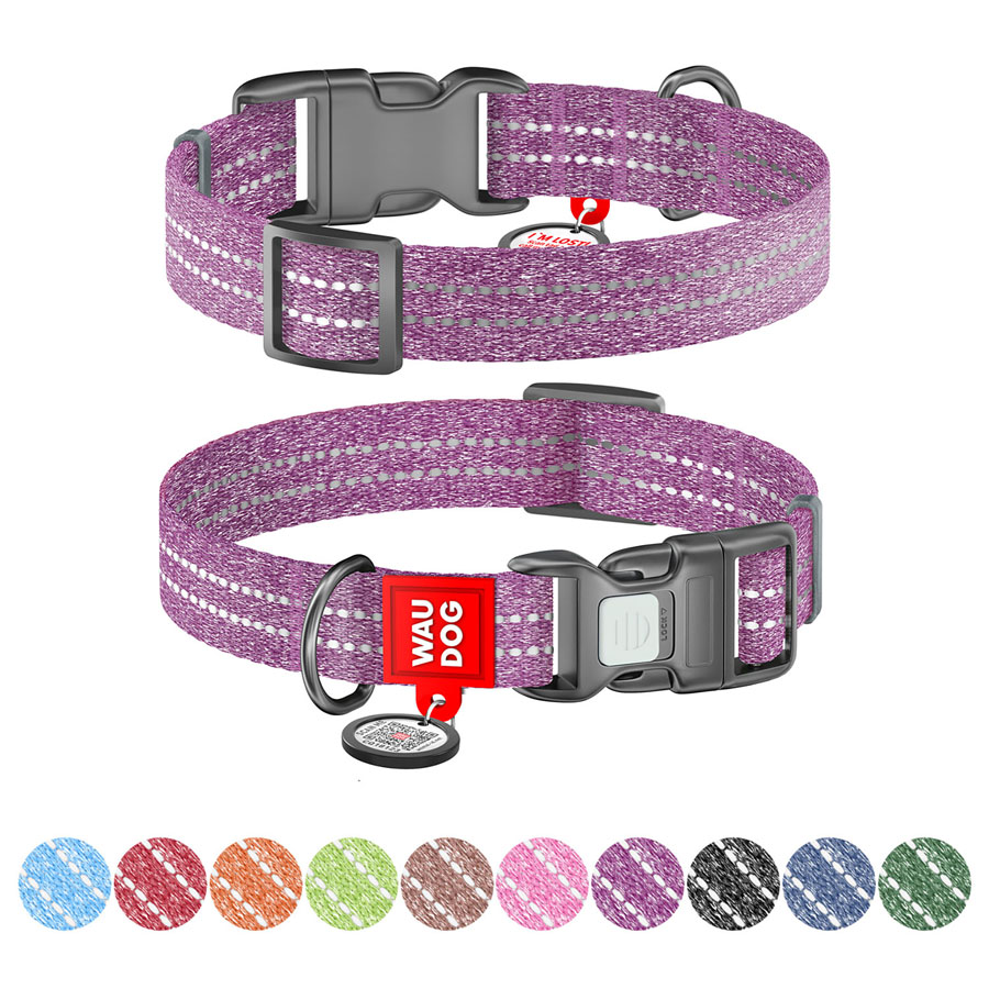 Нашийник для собак із відновленої бавовни WAUDOG Re-cotton з QR паспортом, світловідбиваючий, пластиковий фастекс, Ш 25 мм, Дов 33-49 см фіолетовий