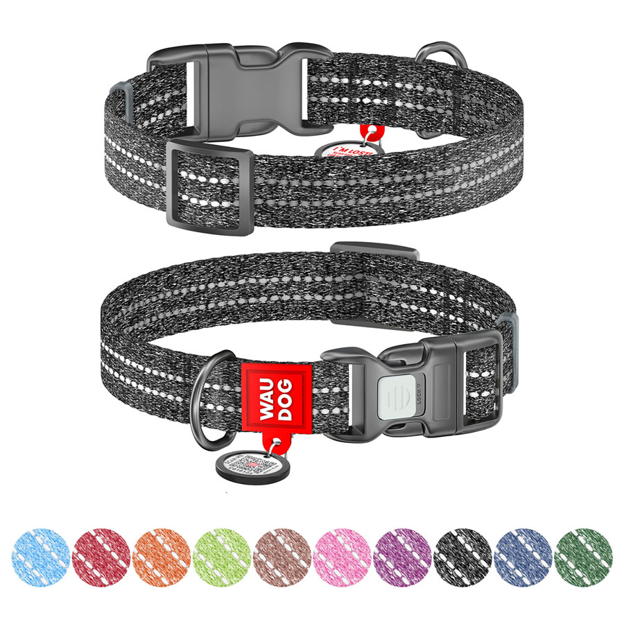 Нашийник для собак із відновленої бавовни WAUDOG Re-cotton з QR паспортом, світловідбиваючий, пластиковий фастекс, Ш 25 мм, Дов 33-49 см сірий