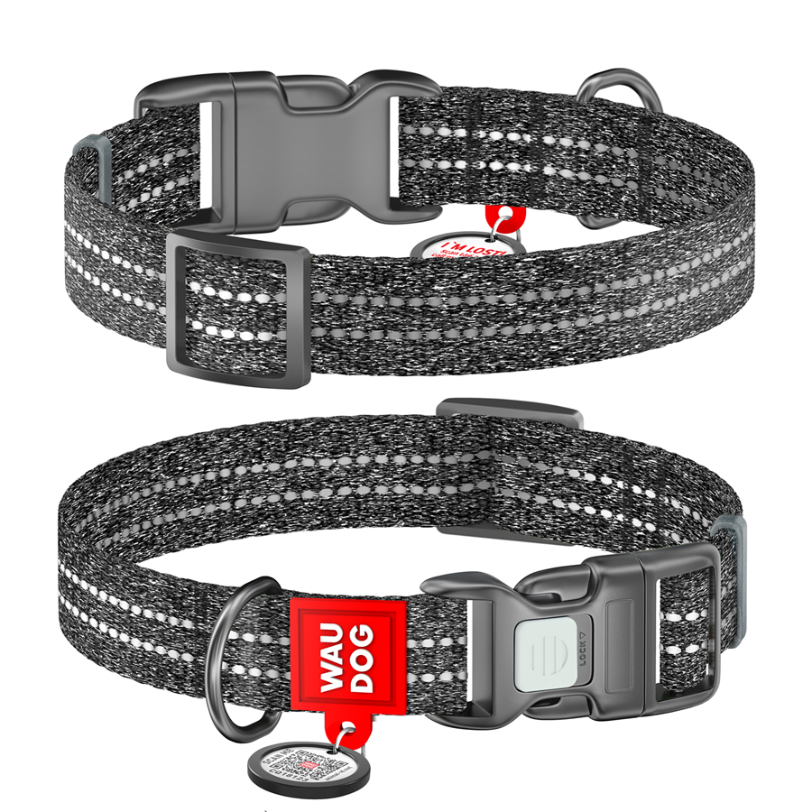 Нашийник для собак із відновленої бавовни WAUDOG Re-cotton з QR паспортом, світловідбиваючий, пластиковий фастекс, Ш 25 мм, Дов 33-49 см сірий