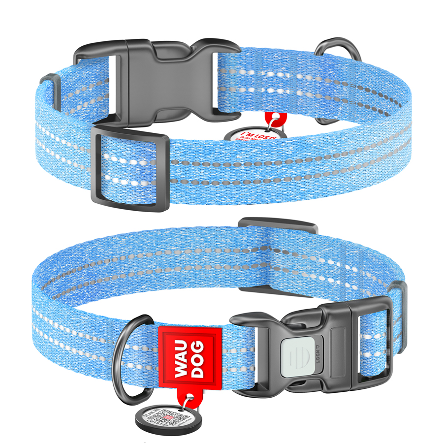 Нашийник для собак із відновленої бавовни WAUDOG Re-cotton з QR паспортом, світловідбиваючий, пластиковий фастекс, Ш 25 мм, Дов 33-49 см блакитний