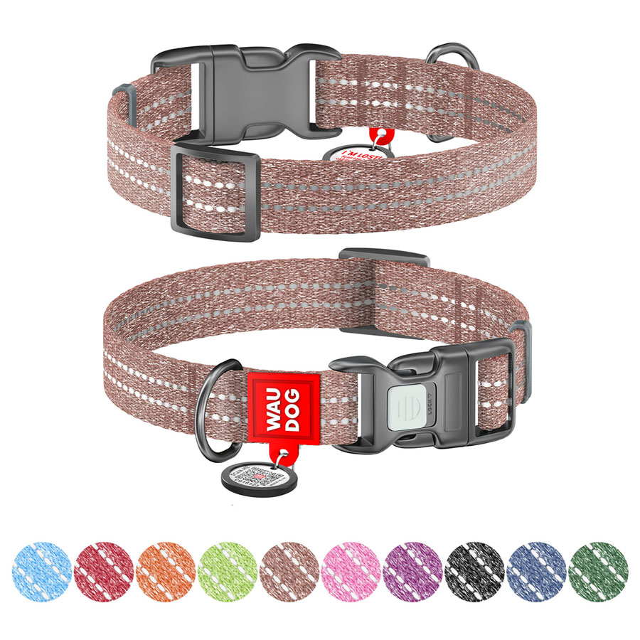 Нашийник для собак із відновленої бавовни WAUDOG Re-cotton з QR паспортом, світловідбиваючий, пластиковий фастекс, Ш 25 мм, Дов 33-49 см коричневий