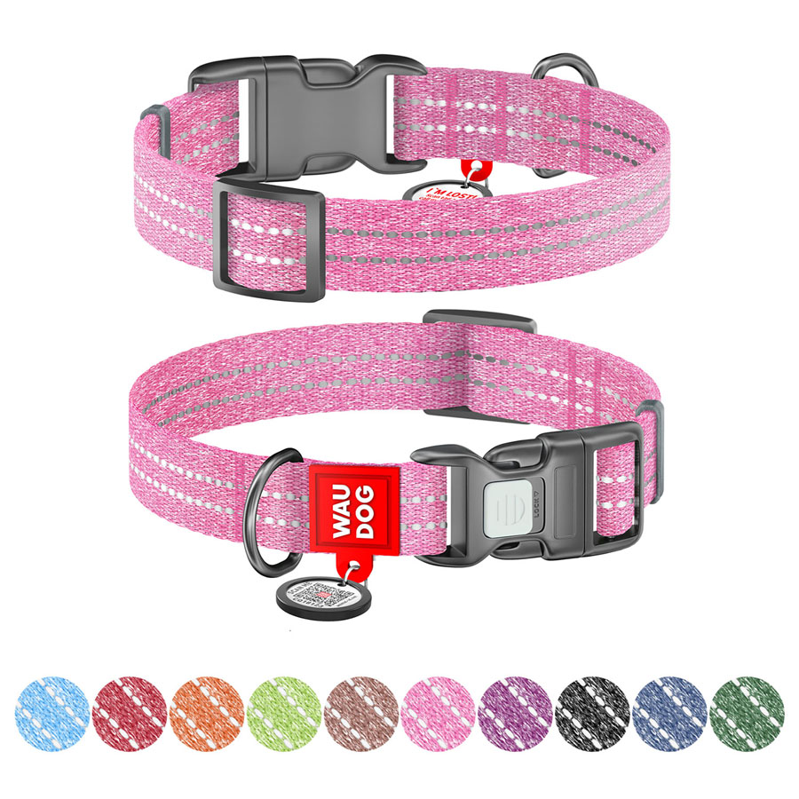 Нашийник для собак із відновленої бавовни WAUDOG Re-cotton з QR паспортом, світловідбиваючий, пластиковий фастекс, Ш 25 мм, Дов 37-58 см рожевий