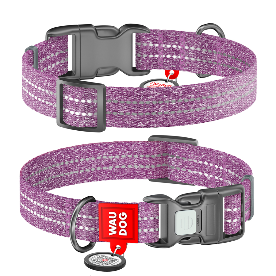 Нашийник для собак із відновленої бавовни WAUDOG Re-cotton з QR паспортом, світловідбиваючий, пластиковий фастекс, Ш 25 мм, Дов 37-58 см фіолетовий
