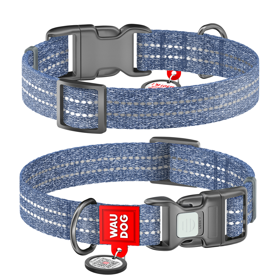 Нашийник для собак із відновленої бавовни WAUDOG Re-cotton з QR паспортом, світловідбиваючий, пластиковий фастекс, Ш 25 мм, Дов 37-58 см синій