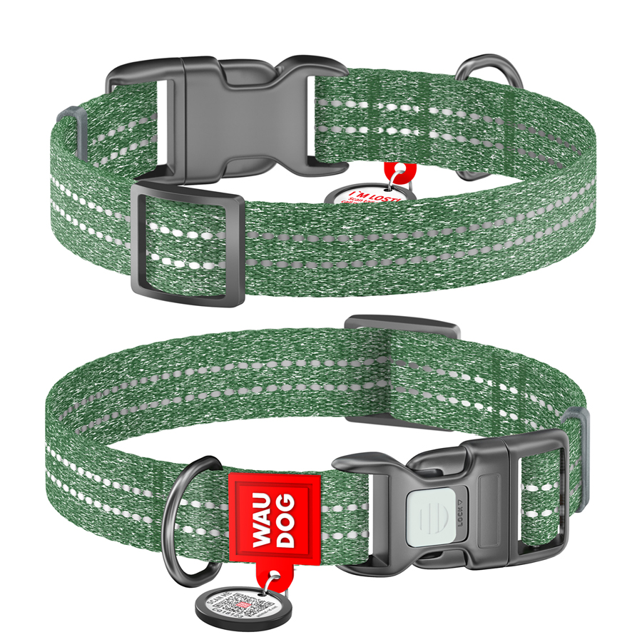 Нашийник для собак із відновленої бавовни WAUDOG Re-cotton з QR паспортом, світловідбиваючий, пластиковий фастекс, Ш 25 мм, Дов 37-58 см зелений