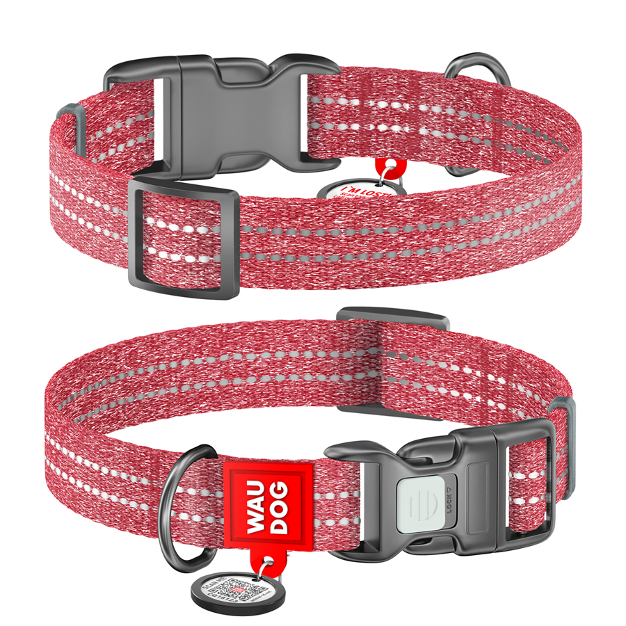 Нашийник для собак із відновленої бавовни WAUDOG Re-cotton з QR паспортом, світловідбиваючий, пластиковий фастекс, Ш 25 мм, Дов 33-49 см червоний