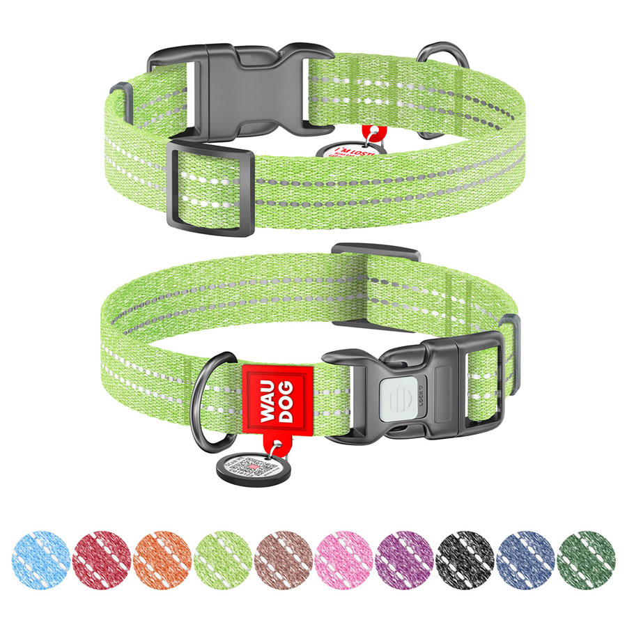 Нашийник для собак із відновленої бавовни WAUDOG Re-cotton з QR паспортом, світловідбиваючий, пластиковий фастекс, Ш 25 мм, Дов 33-49 см салатовий