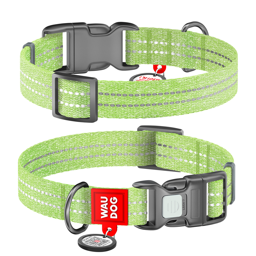 Нашийник для собак із відновленої бавовни WAUDOG Re-cotton з QR паспортом, світловідбиваючий, пластиковий фастекс, Ш 25 мм, Дов 33-49 см салатовий