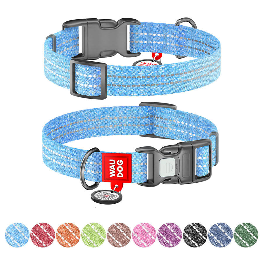Нашийник WAUDOG Re-cotton з QR паспортом, відновлена бавовна, пластикова пряжка (ширина 15 мм, довжина 25-35 см) блакитний