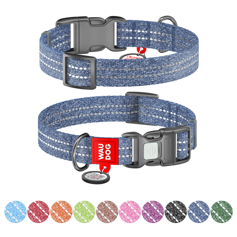 Нашийник WAUDOG Re-cotton з QR паспортом, відновлена бавовна, пластикова пряжка (ширина 15 мм, довжина 25-35 см) синій