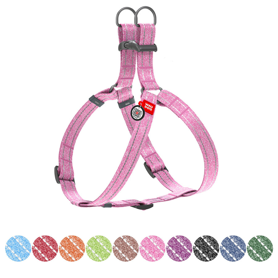 Шлея з відновленої бавовни WAUDOG Re-cotton з QR паспортом, світловідбиваюча, пластиковий фастекс, M, Ш 20 мм, Д 50-75 см рожевий