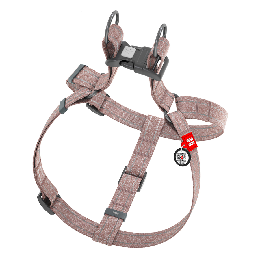 Шлея з відновленої бавовни WAUDOG Re-cotton з QR паспортом, світловідбиваюча, пластиковий фастекс, M, Ш 20 мм, Д 50-75 см коричневий